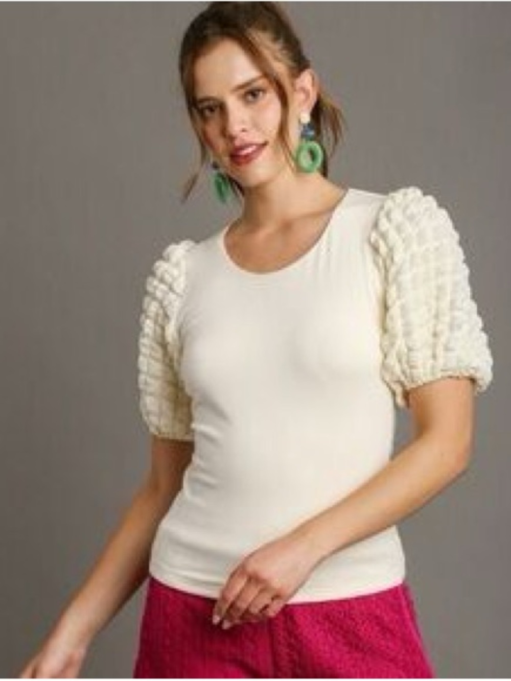 Umgee Ivory Textured Puff-Sleeve Knit Tee Size M NWT